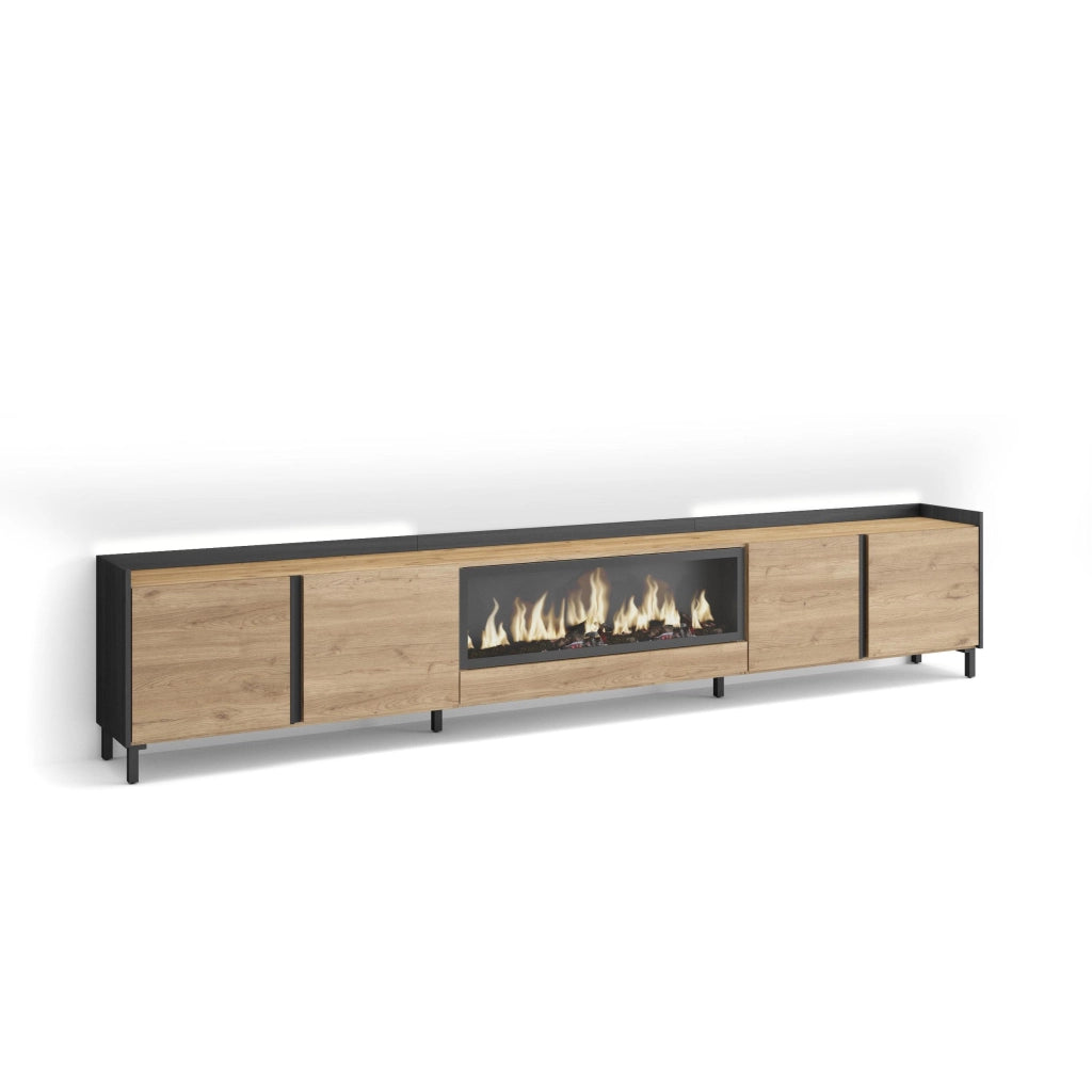 Mobile TV Soggiorno, 315x61x35 cm, Per TV fino a 80", Camino elettrico XXL, Design industriale, LED, Rovere e nero