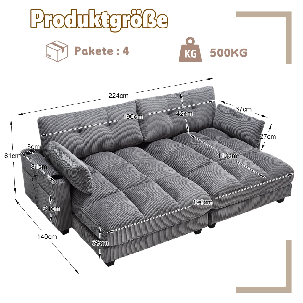 Divano modulare 2 posti in tessuto corduroy con 4 portabicchieri, 4 tasche laterali, porte USB e cuscini grigio