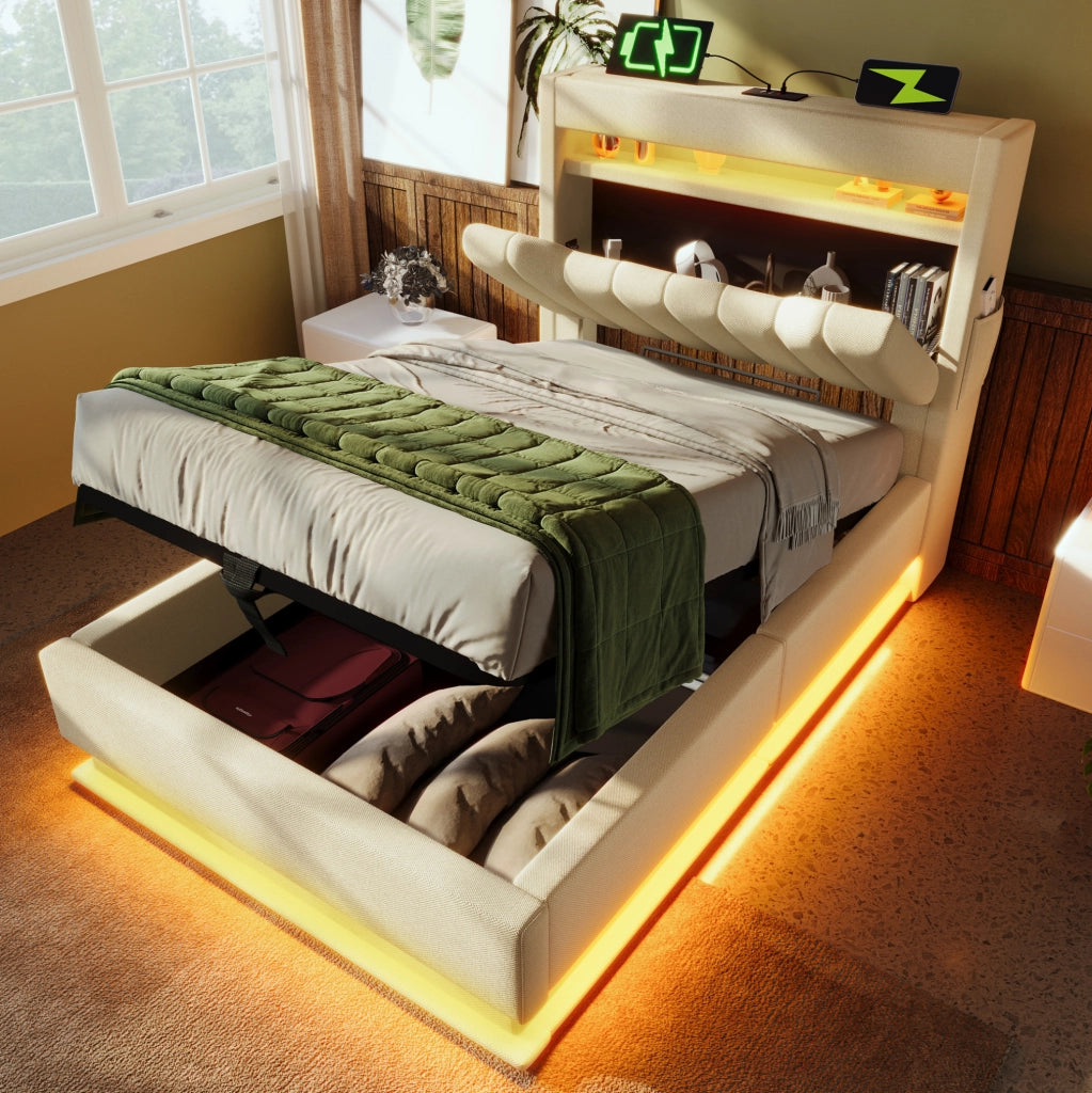 Letto singolo imbottito 90x200 cm con contenitore idraulico; LED; USB e Type-C; lino beige