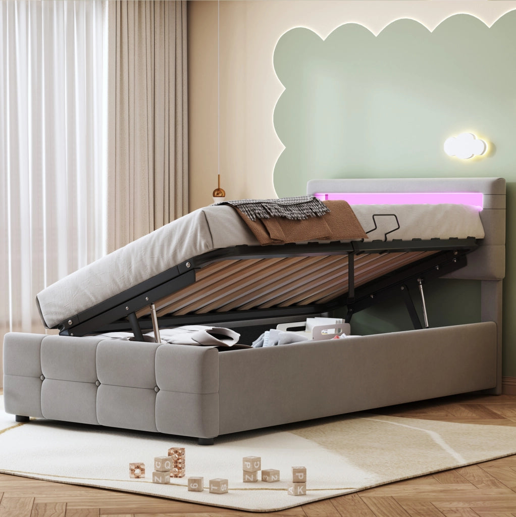 Letto imbottito singolo 90x200 cm con LED; contenitore idraulico e testiera regolabile; velluto grigio