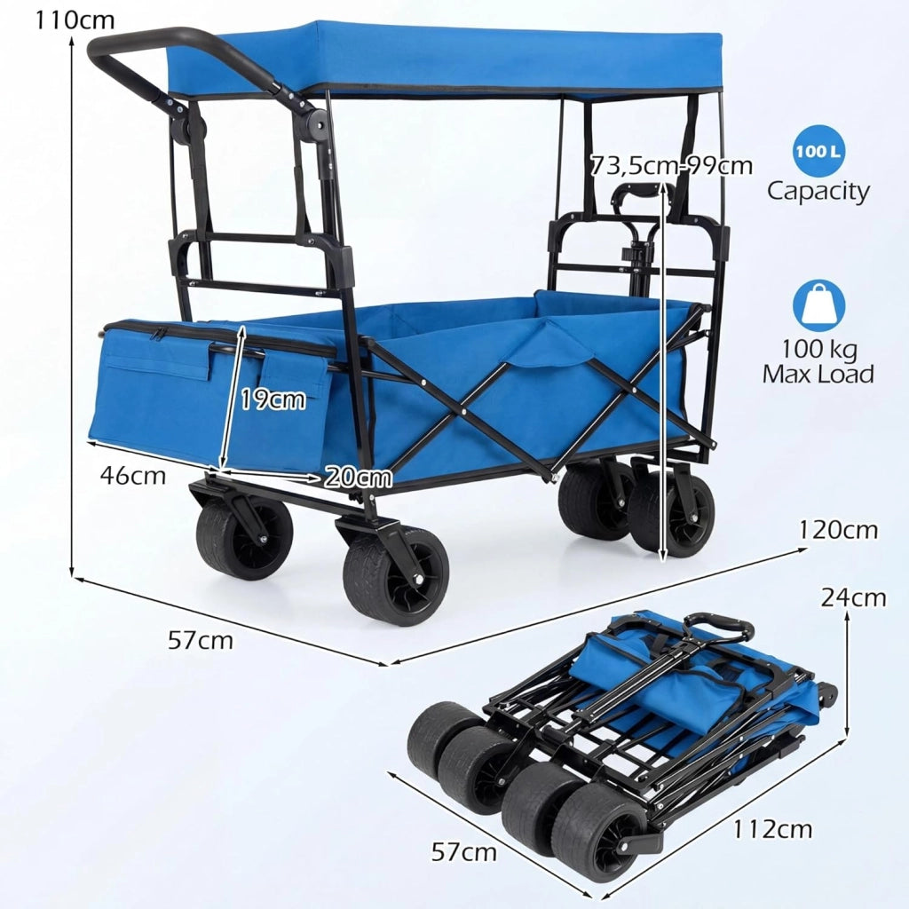 Carrello Spiaggia Pieghevole con Tetto, Carrello da Trasporto con Ruote Grandi e Borsa Portatutto, Carrello da Campeggio e Giardino, in Acciao Resistente, Chiusura Rapida, 100 KG, 100L (Blu)