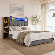 DESMIU Letto contenitore 90 × 200 cm 1 posto con USB, Type-C, LED, contenitore idraulico, senza materasso, grigio