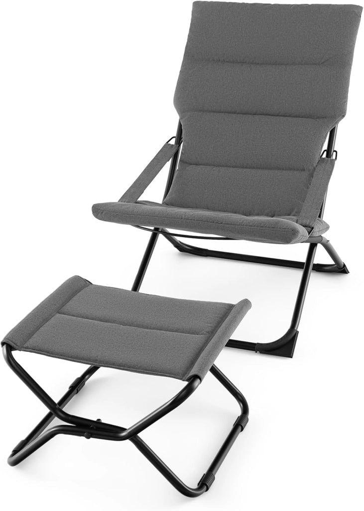 Set di Sedia Sdraio da Giardino con Poggiapiedi Pieghevole, Lettino da Esterno in Tessuto e Metallo, Poltrona da Veranda con Braccioli e Cuscino Rimovibile, per Cortile,Terrazzo, Grigio