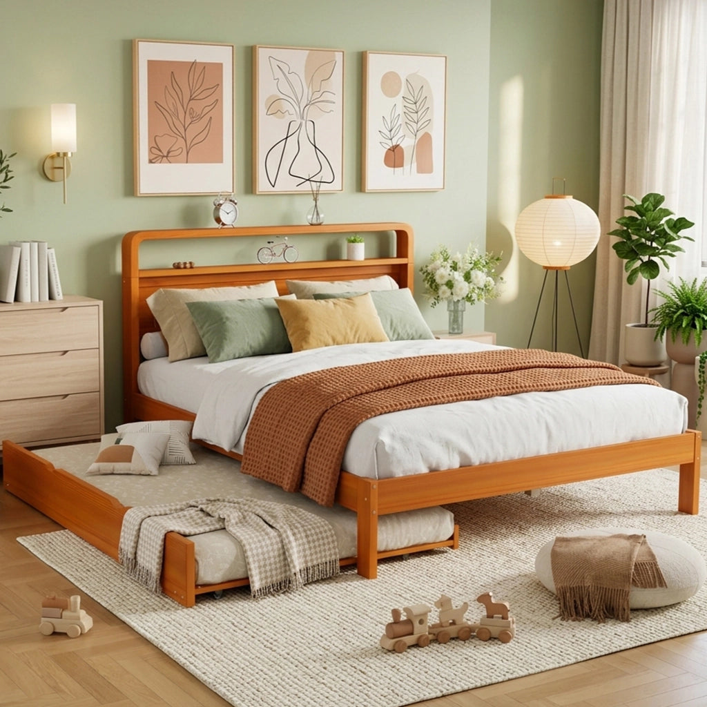 Letto estraibile 140 × 200 cm e 90 × 190 cm con letto ospite, testiera arrotondata, senza materasso, legno naturale