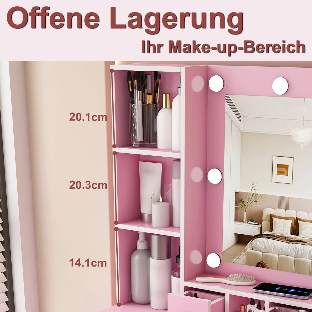 TOELETTA con specchio LED, presa e sgabello, 60 x 131,5 x 38 cm, MDF rosa