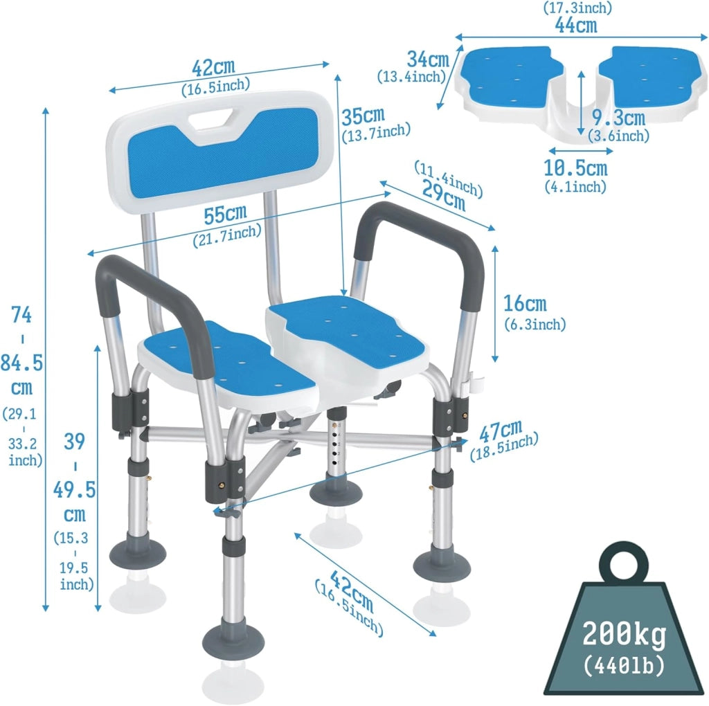 Sedia da doccia per anziani, regolabile in altezza, con design scanalato e telaio in alluminio incrociato, per bagno, vasca da bagno, fino a 200 kg, per doccia