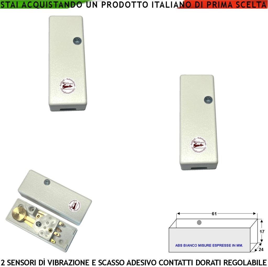 Rilevatore Scasso Sensore di Vibrazioni Continue 2 Pezzi Antifurto a Filo Per Inferriate Regolazione Meccanica del Martelletto Oscillante Contatto Allarme NC Tamper Contenitore Adesivo ABS Bianco IP30