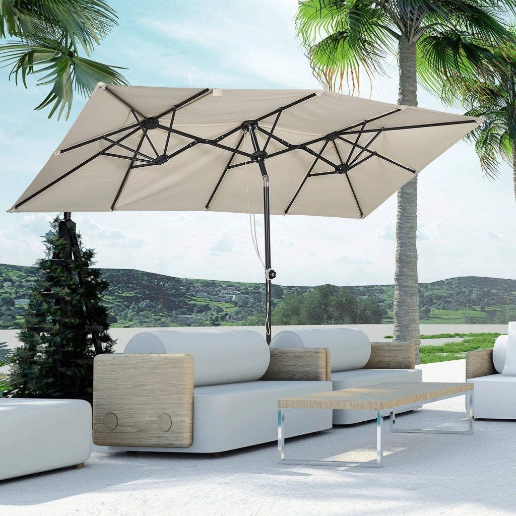 Ombrellone Doppio Inclinabile e Regolabile con Cordicella, in Poliestere e Metallo, 150x295x170-214 cm, Crema
