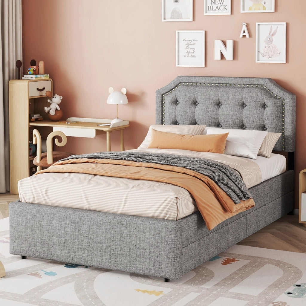 OKWISH Letto Singolo 90×200 cm con 2 Cassetti, Testiera Regolabile e Borchie Decorative, senza Materasso, in MDF, Grigio