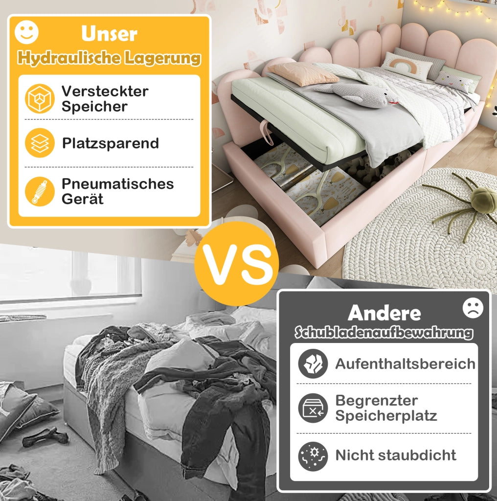 Letto daybed 90x200 cm con contenitore idraulico; struttura in metallo e velluto beige