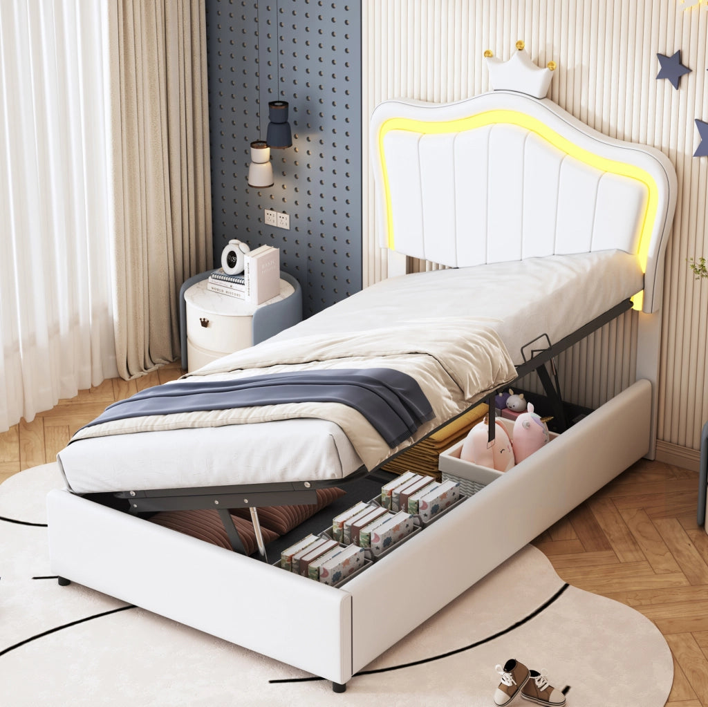 Letto imbottito per bambini 90x200 cm con LED; contenitore idraulico; testiera a conchiglia bianca