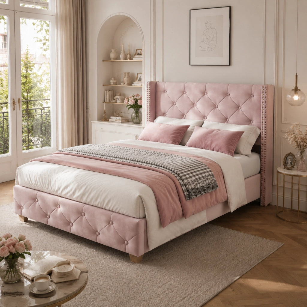 Letto imbottito in velluto rosa 90x200 cm con testiera e rete a doghe