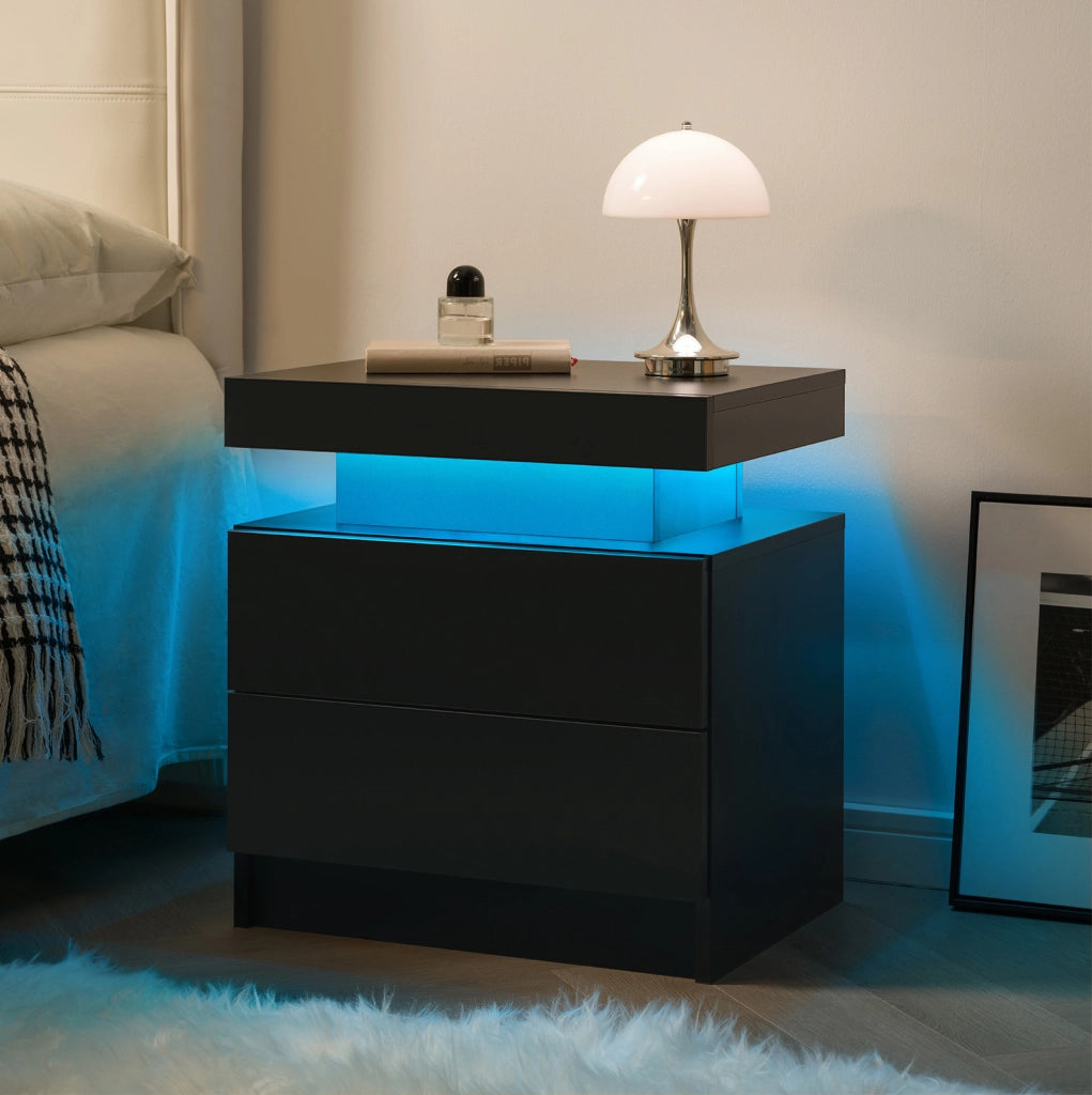 Comodino Moderno con Luci LED Regolabili, 2 Cassetti, Nero