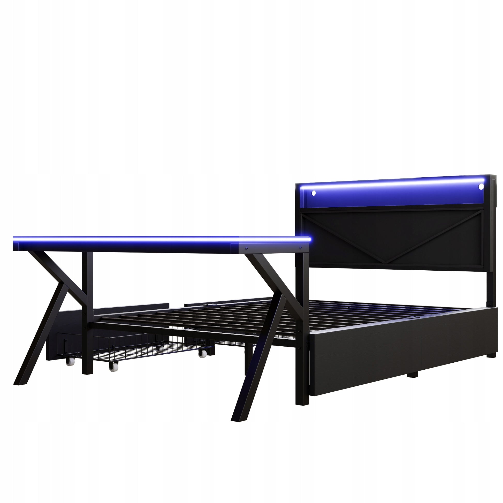 Letto gaming 140x200 - Xylo - LED, scrivania, cassetti, nero