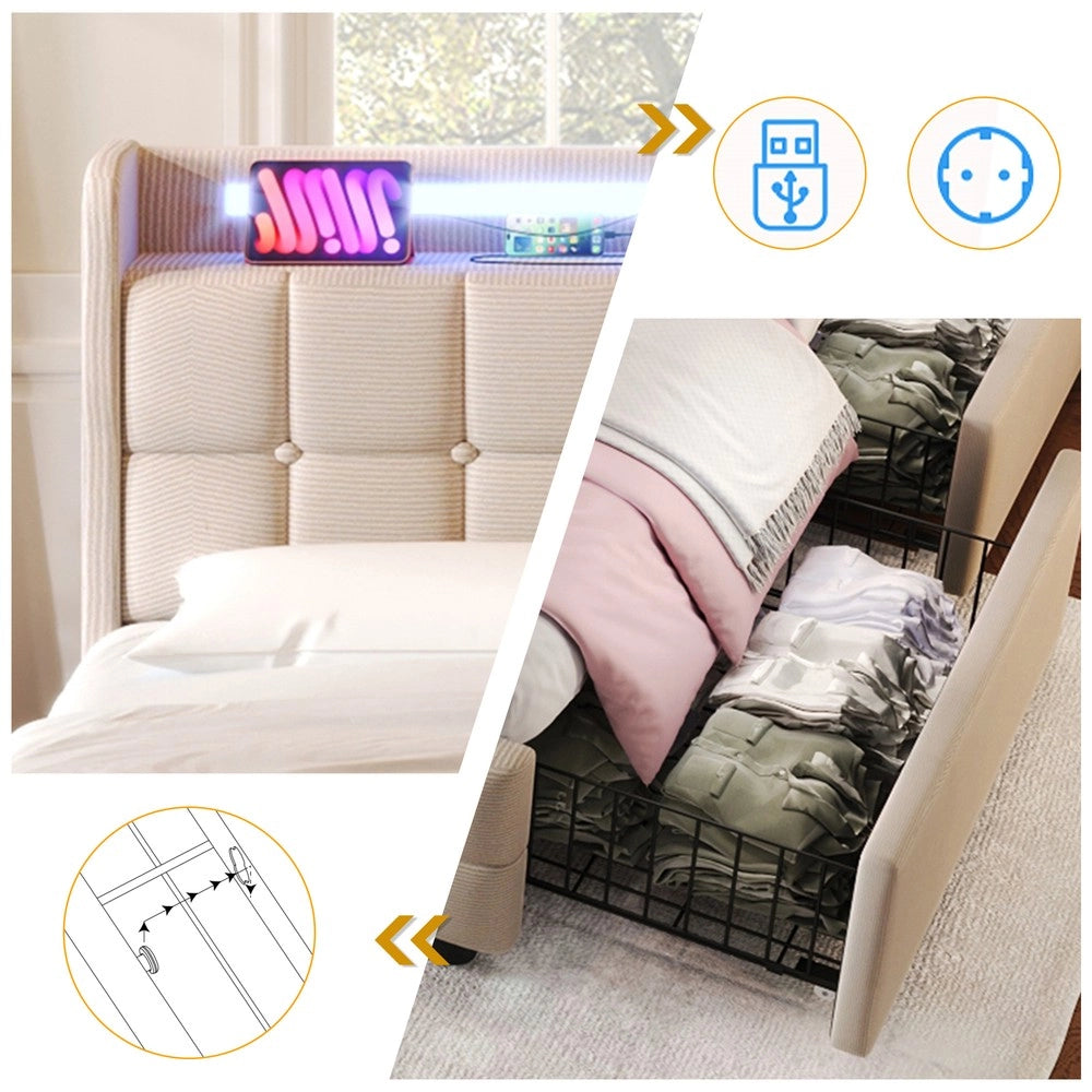 Letto Imbottito Singolo con LED, USB, Cassetti e Materasso ¨C MINIMAL ¨C Beige 90x200, Doghe in Legno