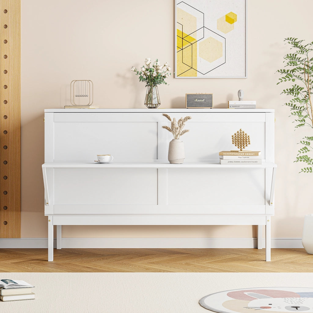 DESMIU Letto a scomparsa 2 posti con vani portaoggetti e funzione consolle 140 × 200 cm, senza materasso, bianco