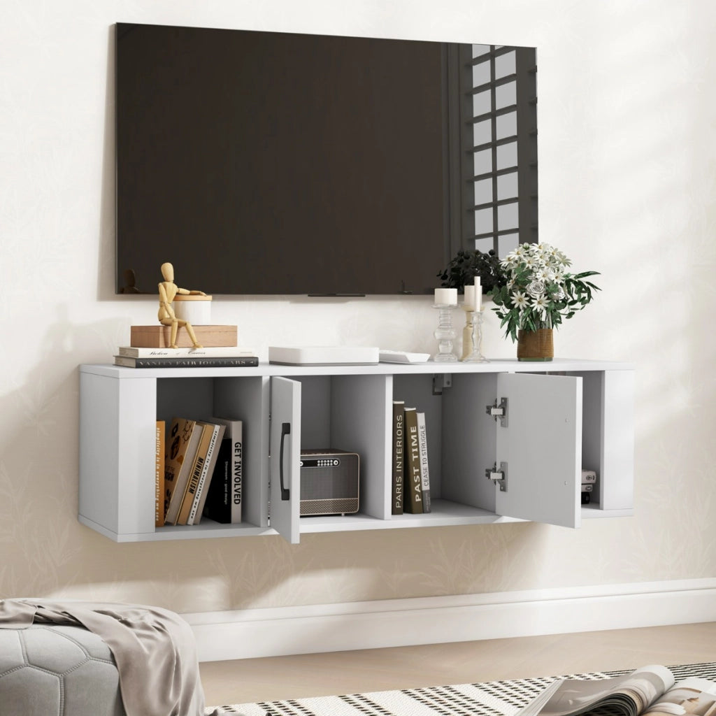 Libreria a parete con 2 cubi e mobile per console multimediale per soggiorno, Armadietto sospeso a 2 ante Bianco-Armadi da parete