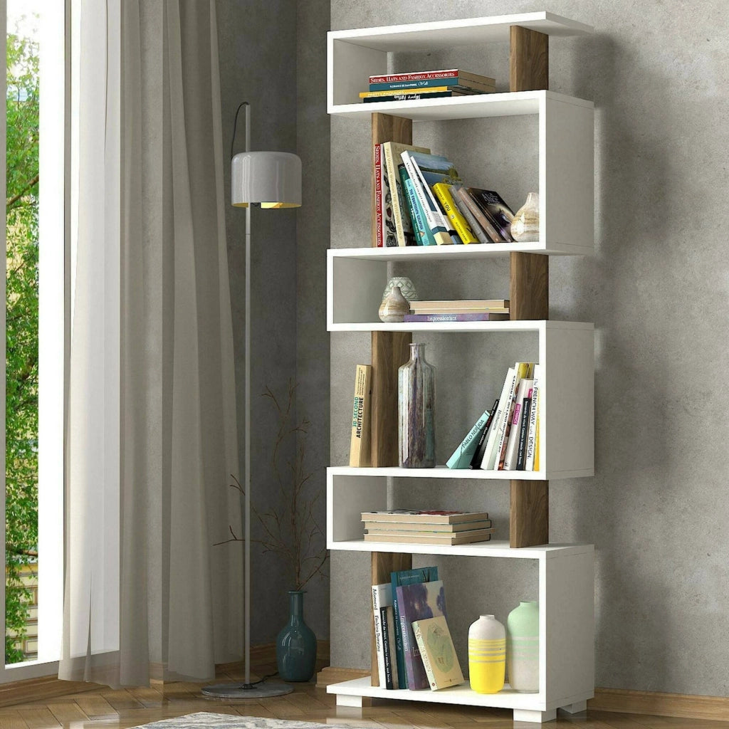 Libreria Doralice, Scaffale da ufficio, Mobile portalibri, Biblioteca, 60x20h165 cm, Bianco e Noce