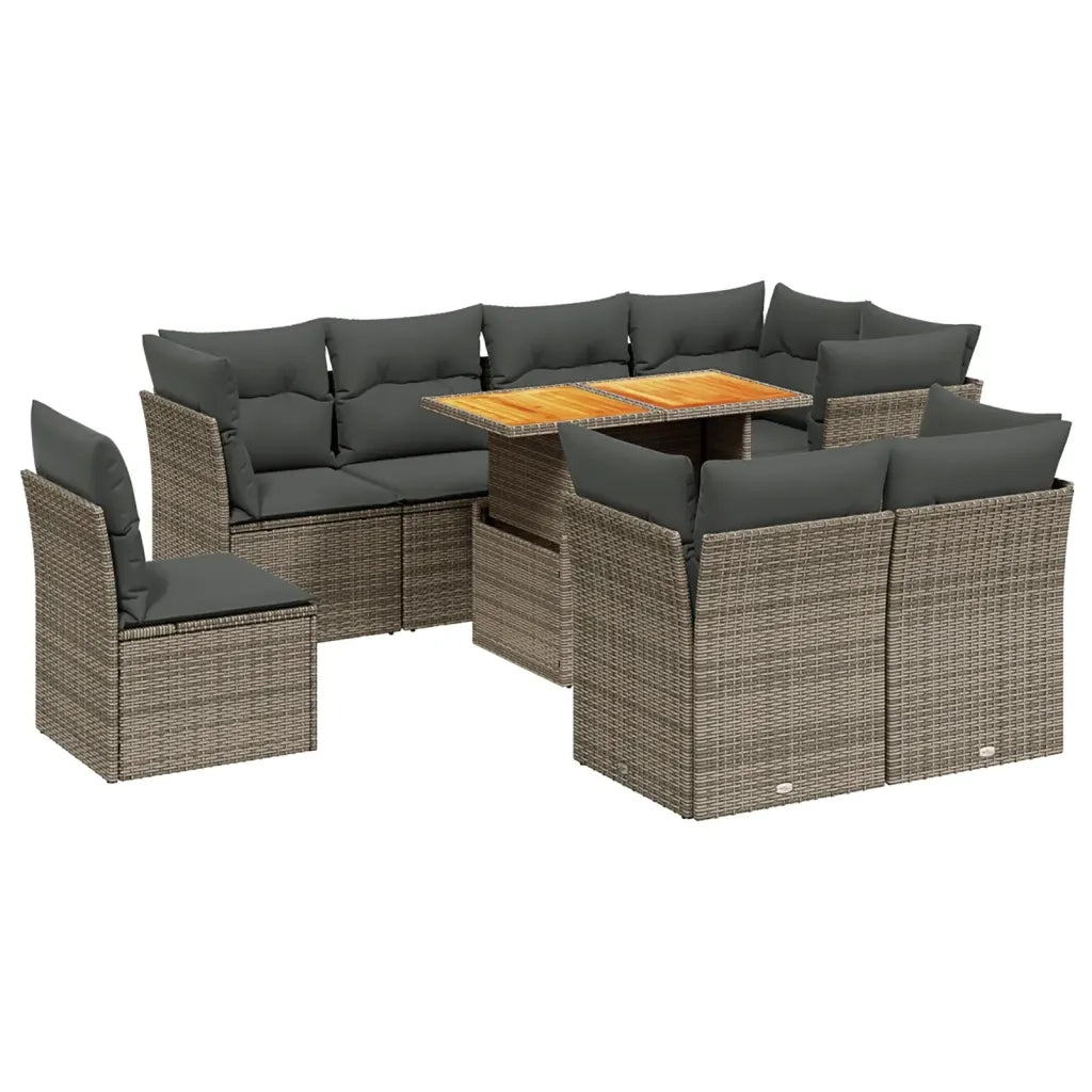 Set Divano da Giardino 9 pz con Cuscini Grigio in Polyrattan
