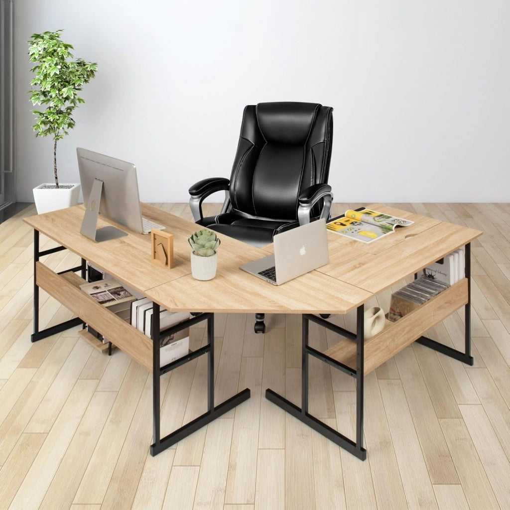 Scrivania ad angolo a forma di L 170 cm, Scrivania per computer con 2 ripiani, vassoio inclinabile, supporto per unità centrale, tavolo da computer, poco ingombrante, stile industriale