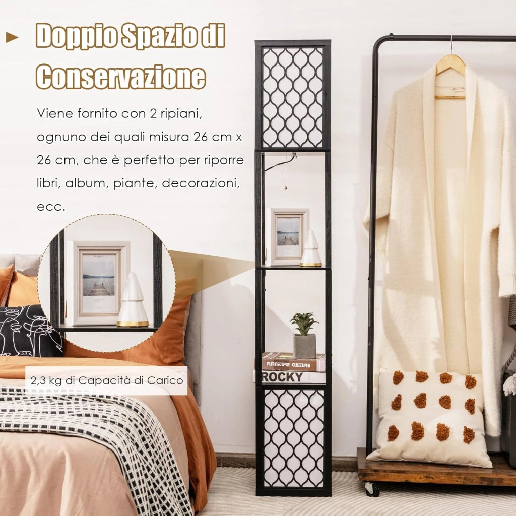 Lampada da Terra Design e Vintage, Lampada a Stelo da Terra con 2 Ripiani, Ideale per Camera da Letto, Soggiorno e Ufficio, 26 x 26 x 156 cm, Nero