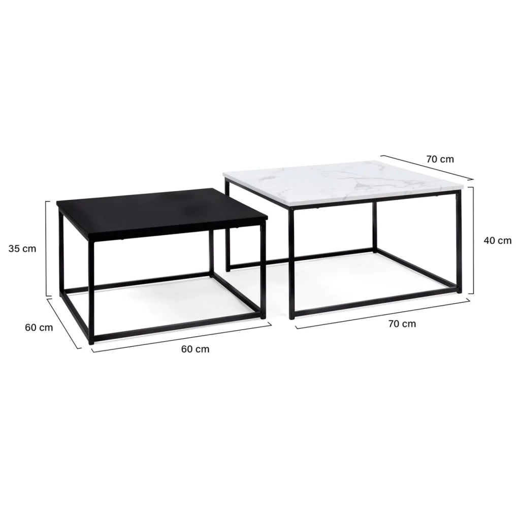 IDMarket - Set di 2 tavolini quadrati ALASKA 60/70 effetto marmo e nero con gambe in metallo