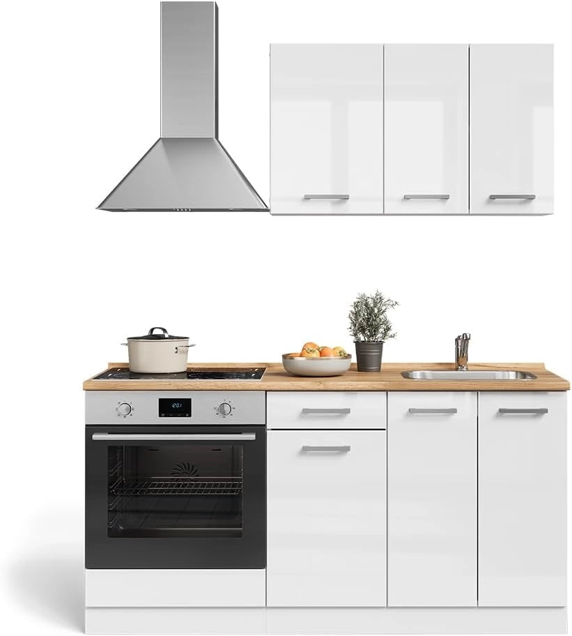 Cucina completa R-Line, Bianco lucido/bianco, 160 cm con base forno e lavello senza PT