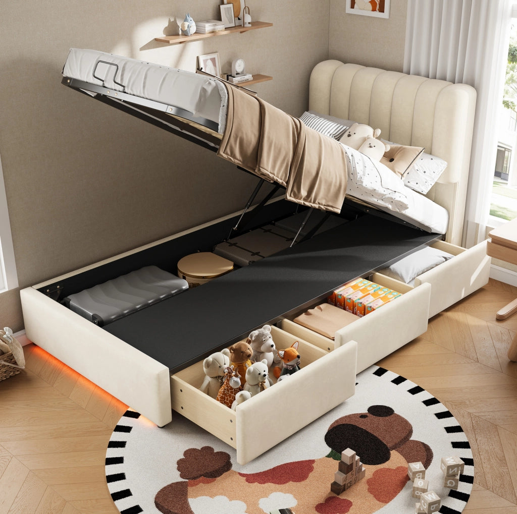 Letto contenitore 90x200 cm con cassetti e LED in velluto beige