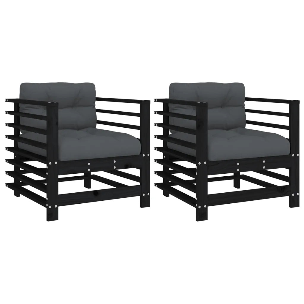 Sedia da patio-Sedie da Giardino con Cuscini 2pz Legno Massello di Pino Nero