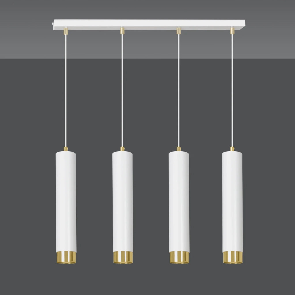 Lampadario 4 Luci Brunilde In Acciaio Bianco E Tubolari In Bianco E Oro