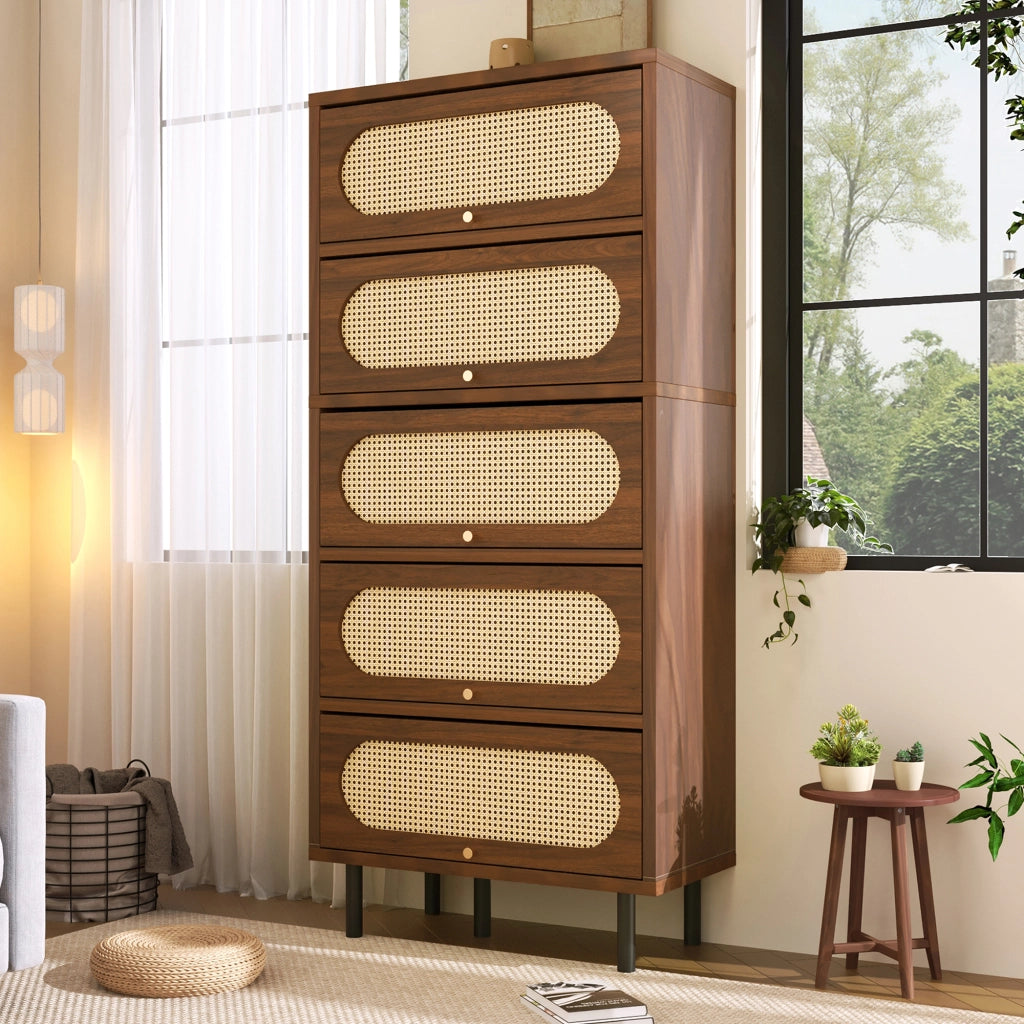 CREDENZA 80x40x163 cm Nussbaum con Rattan e 5 ante a ribalta