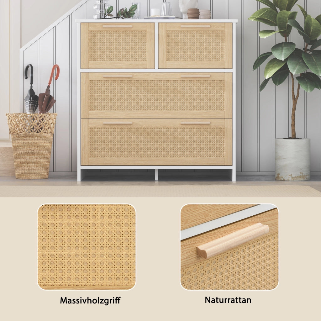 Cassettiera con 4 Cassetti in Rattan e Maniglie in Legno Massello; Stile Moderno; in MDF; Naturale e Bianco; 80??38??80 cm