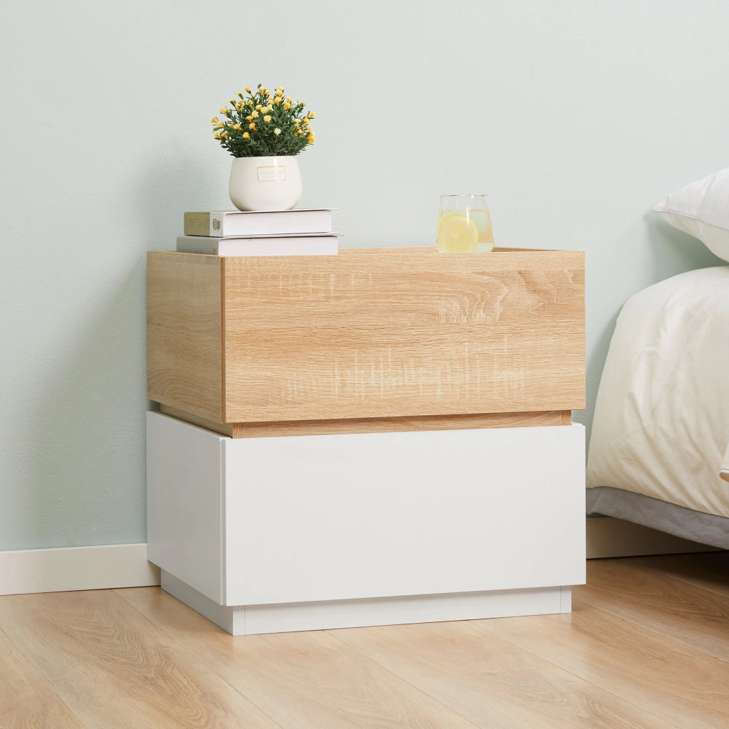 Comodino con 2 Cassetti ¨C Zephmum ¨C Bianco e Legno 50x40x47.5cm