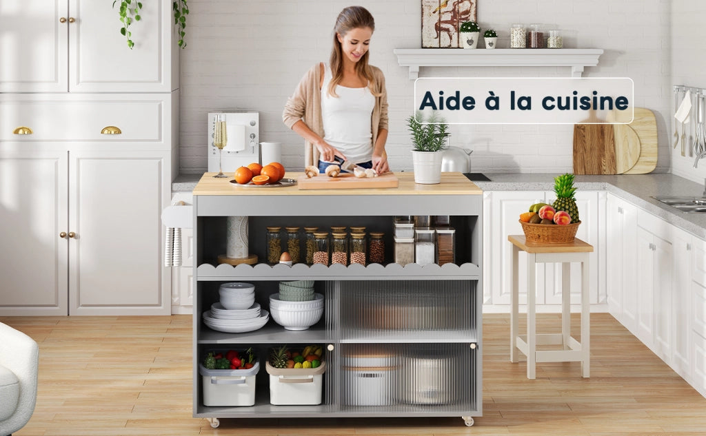 Carrello isola cucina con piano pieghevole in finitura rovere, ante scorrevoli in vetro e ripiani regolabili