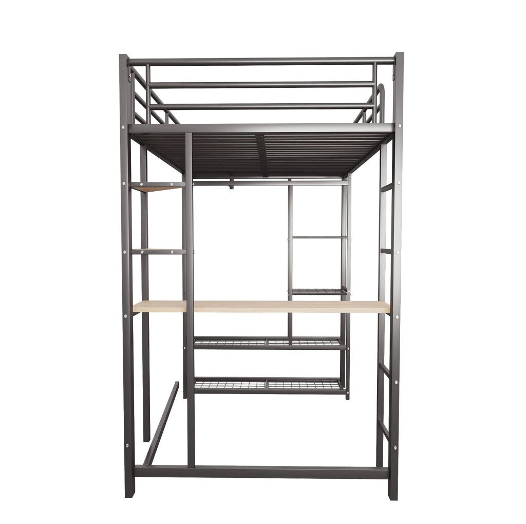 Letto a soppalco singolo 90x200 cm in metallo nero con scrivania; armadietto e scala