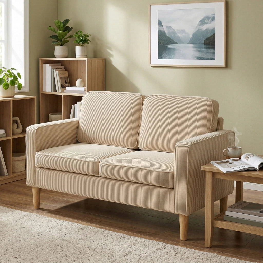 Divano 2 Posti con Cuscini e Contenitore ¨C Zephmum ¨C Beige Tessuto 117x63x79 cm
