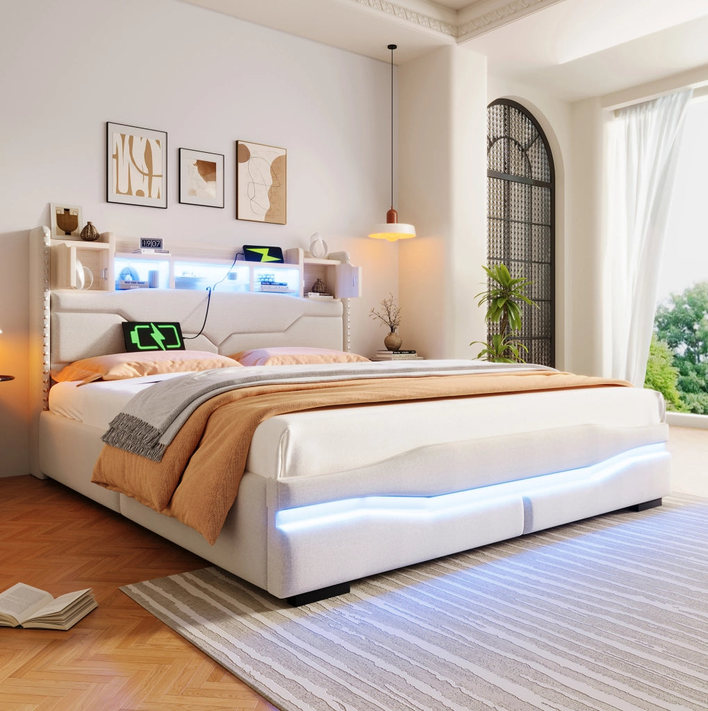 Letto matrimoniale 160x200 cm con contenitore idraulico, LED e prese USB/C