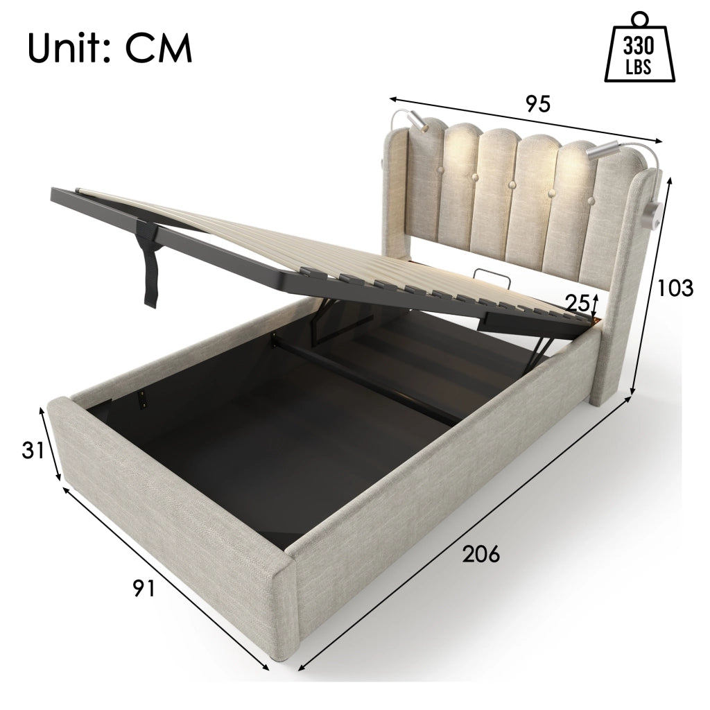 OKWISH Letto contenitore 90×200 cm, Letto Singolo con Testiera, Lampada da Lettura e USB, senza Materasso, in Lino, Naturale