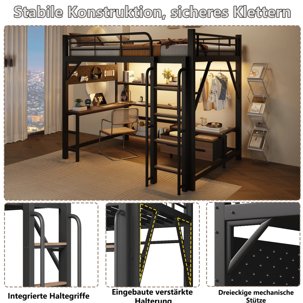 Letto a soppalco 140x200 cm con scrivania, LED e USB