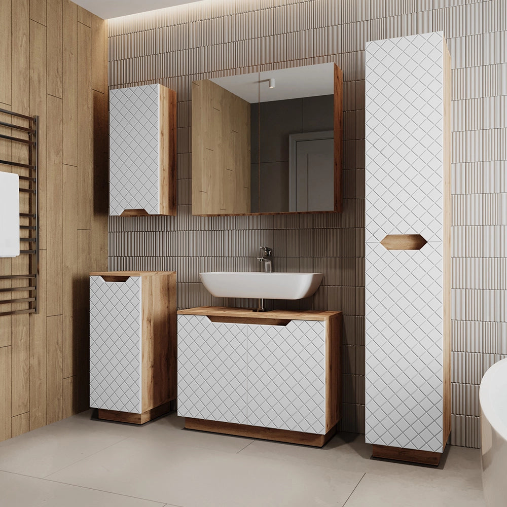 Vicco Set di mobili da bagno Rovere/bianco con struttura in piastrelle 5 parti