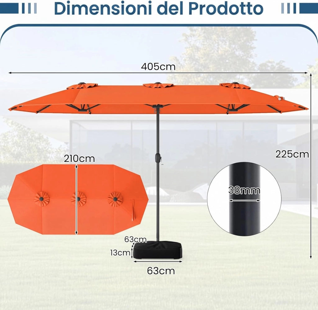 Ombrellone da Giardino Doppio 400 x 200 cm, con 36 Luci LED Solari, Manovella 12 Stecche, Base, Anti-UV, Rettangolare, per Giardino Piscina Cortile (Arancione)