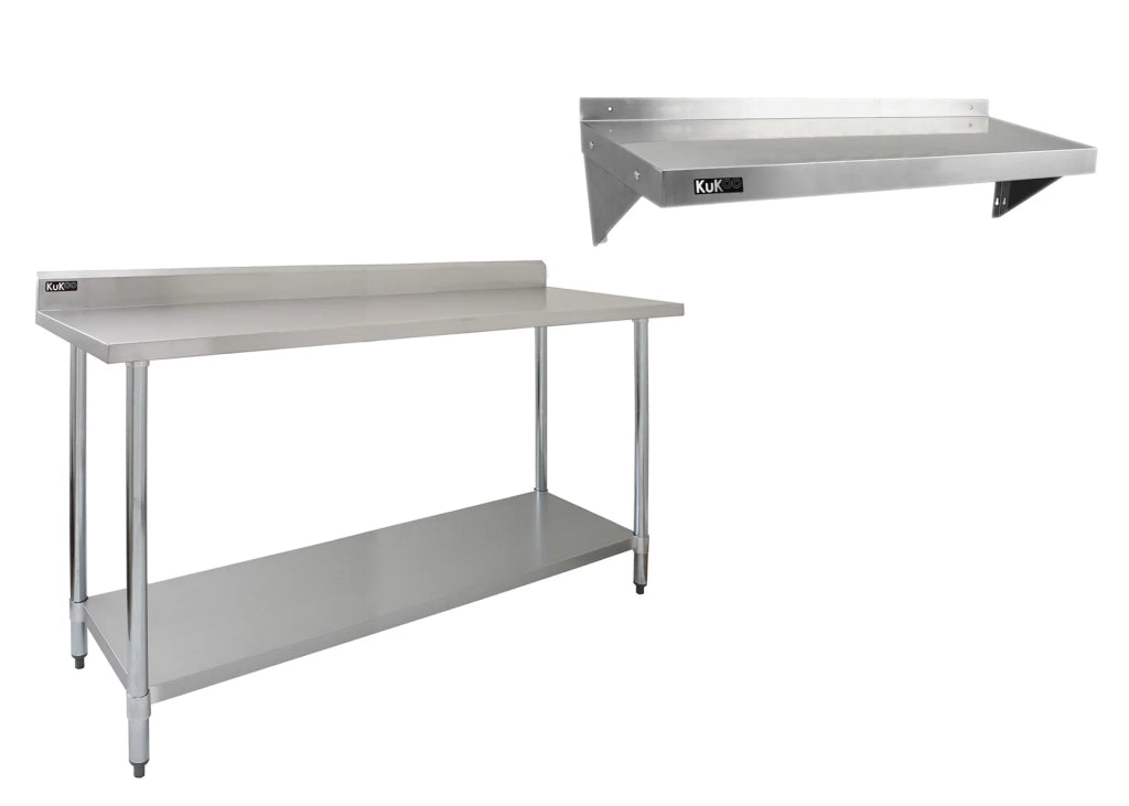 Tavolo da Cucina Commerciale 180cm & 2 Mensola a Muro 125cm in Acciaio Inox