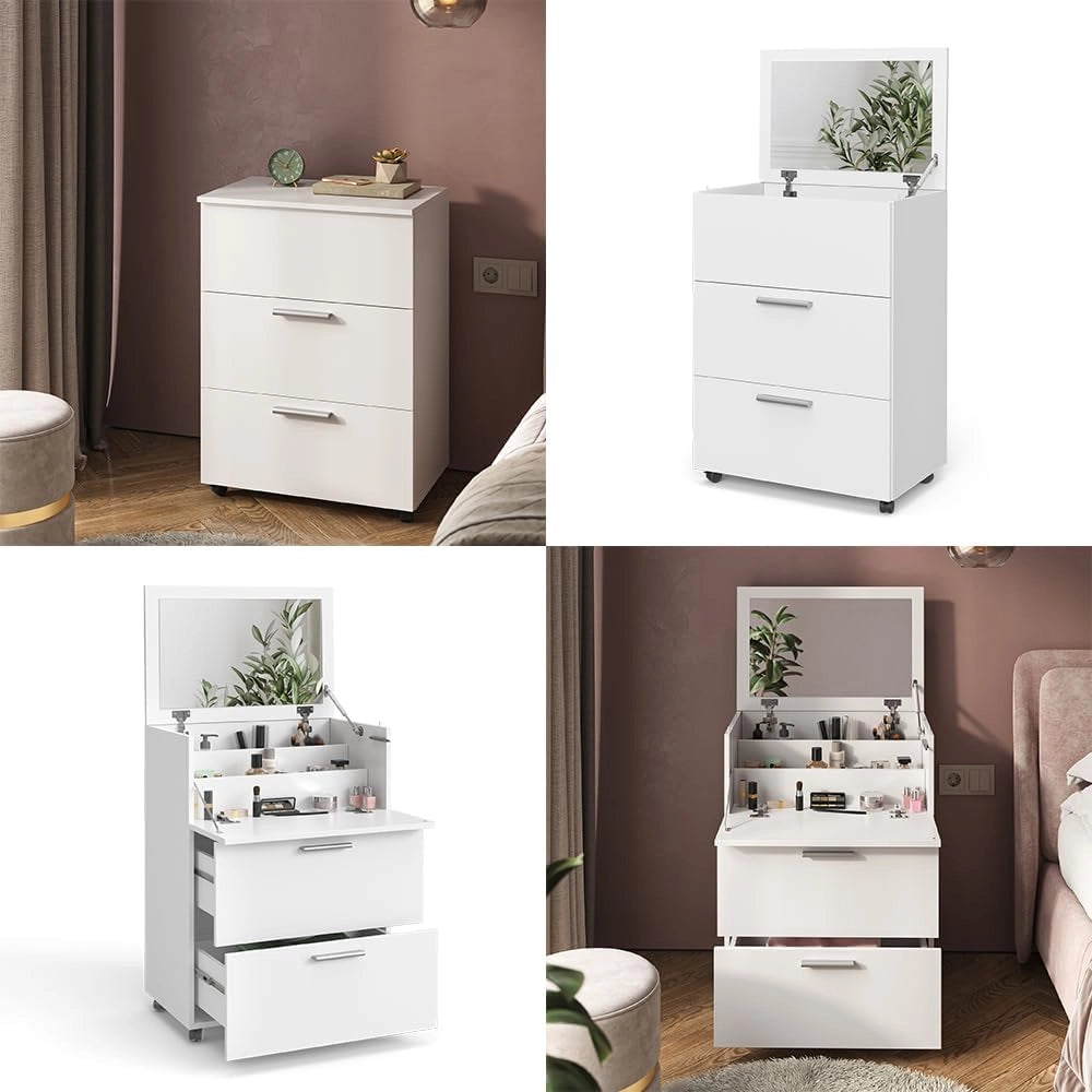 Tavolo da toeletta Hanna, Bianco, 65.8 cm con 2 cassetti, con specchio ribaltabile per l’uso come toeletta o cassettiera