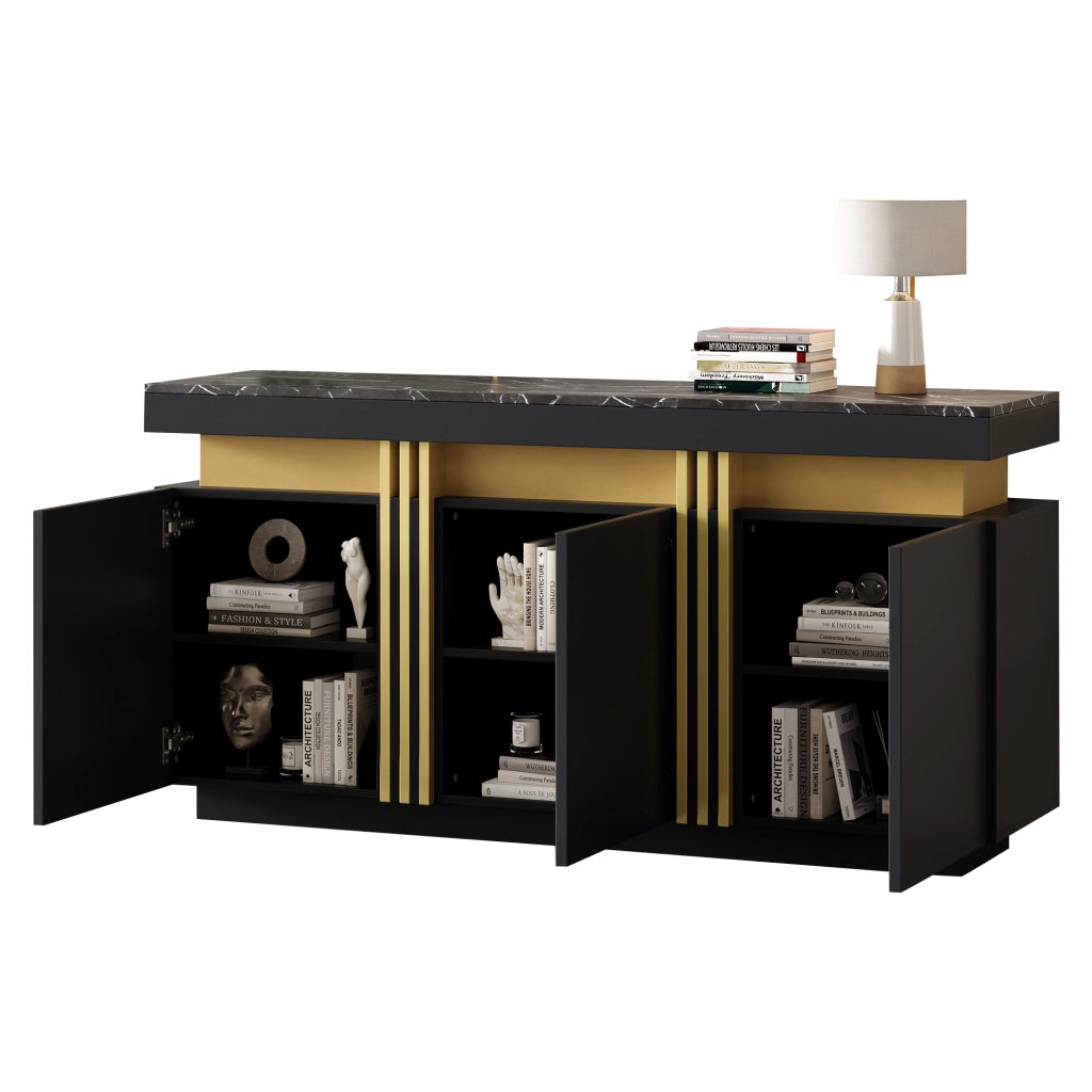 Credenza con 3 Ante; 6 Scomparti e Ripiani Regolabili per Soggiorno in Pannelli di Particelle 140 × 38 × 70 cm Nero