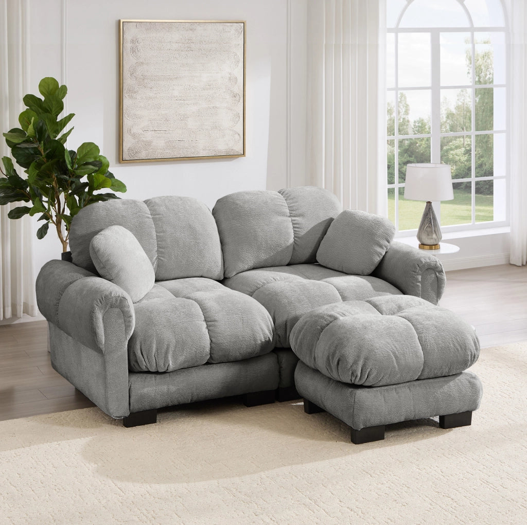 Divano modulare angolare 2 posti con pouf mobile 190x149x90 cm in chenille grigio chiaro