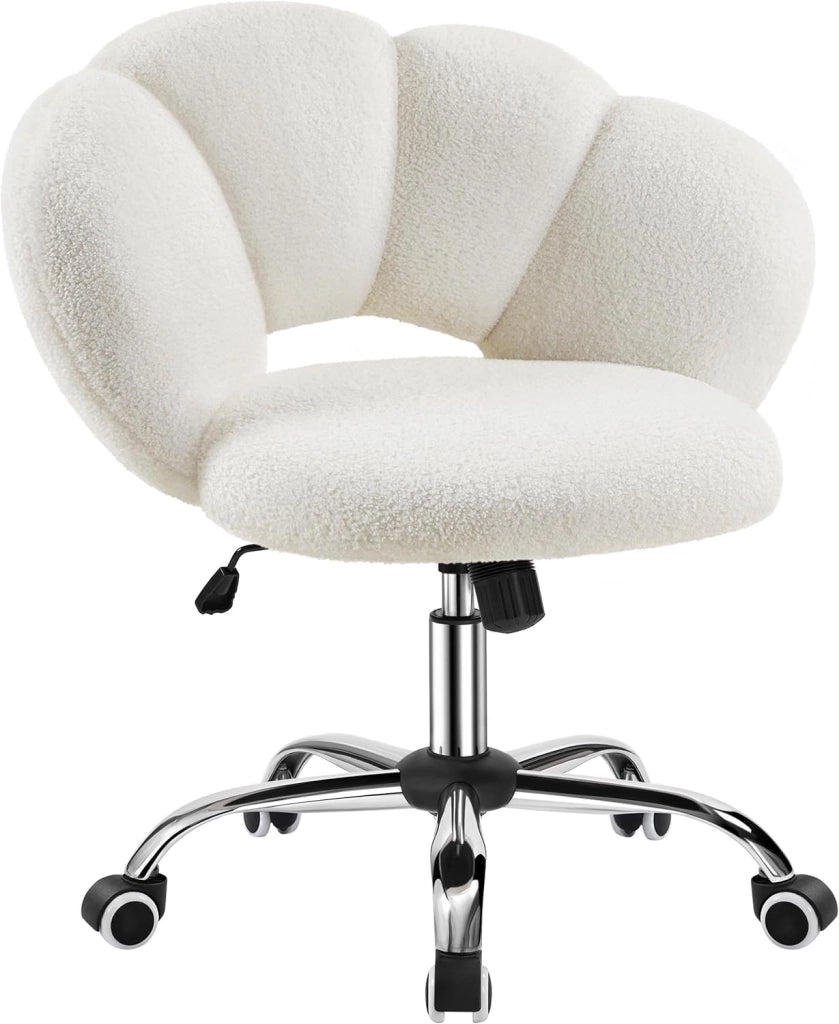 Sedia da Ufficio Scrivania Bianca Cameretta Imbottita Senza Braccioli Ergonomica con Ruote Girevole, Schienale Design a Nuvola in Tessuto Bouclé, Altezza Regolabile