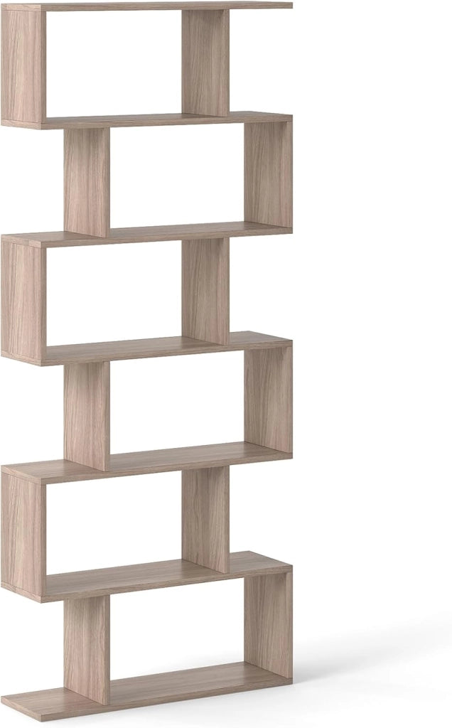 Libreria a Forma di S, Scaffale con 6 ripiani, Libreria in Legno a 6 Livelli, Scaffale per Libri, Libreria Multifunzionale, con Design di Antiribaltamento, 80 x 23 x 191 cm (Marrone)
