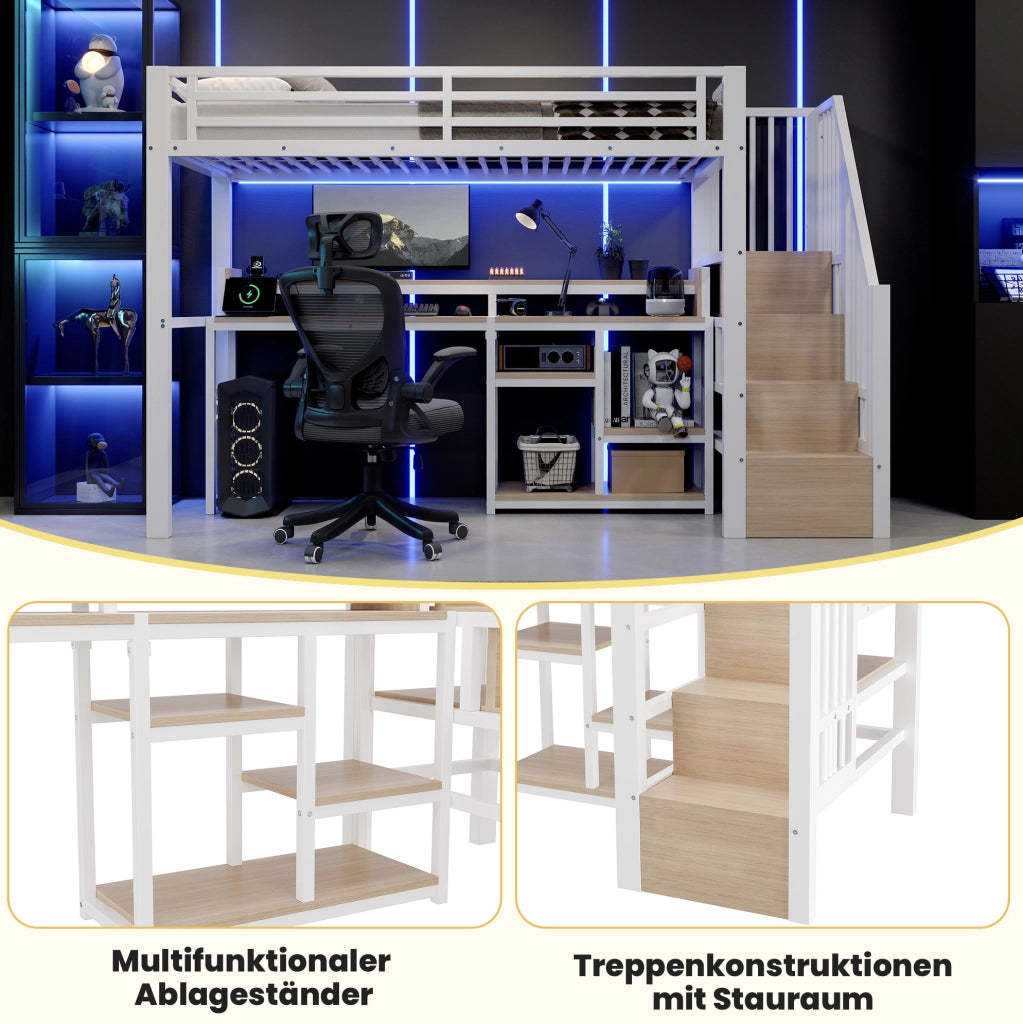 Letto a soppalco 90x200 cm in metallo e MDF con scala; ripiani; LED e USB; bianco