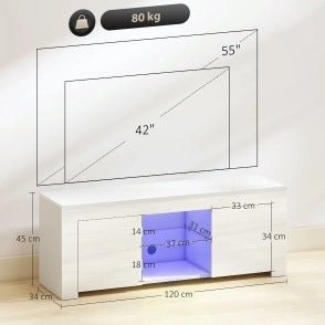 Mobile TV 120x34x45 cm con luci LED RGB; ripiano in vetro; bianco