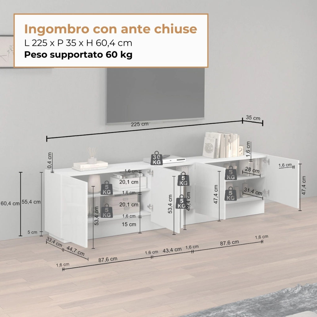 WHOUS Mobile porta TV Vela con 5 ante colore bianco lucido 225x35x60,4 cm